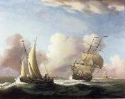 Monamy, Peter A Small Sailing boat and a merchantman at sea in a rising Wind oil painting reproduction